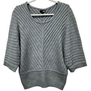 ANA A New Approach Sweater Womens L Gray Chevron Ribbed Knit Pullover Scoop Neck